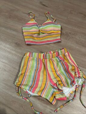 No Boundaries Multicolor Striped Swim Shorts Set - Yellow, Pink, Green, Blue